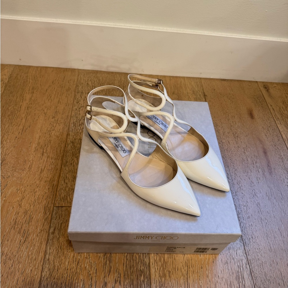 Jimmy Choo Lancer Patent-Leather Off White Strappy Flats